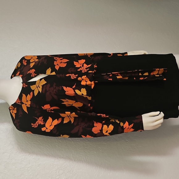 MANGO Floral Black and Orange Keyhole Long Sleeve Tie Waist Blouse - Picture 2 of 8